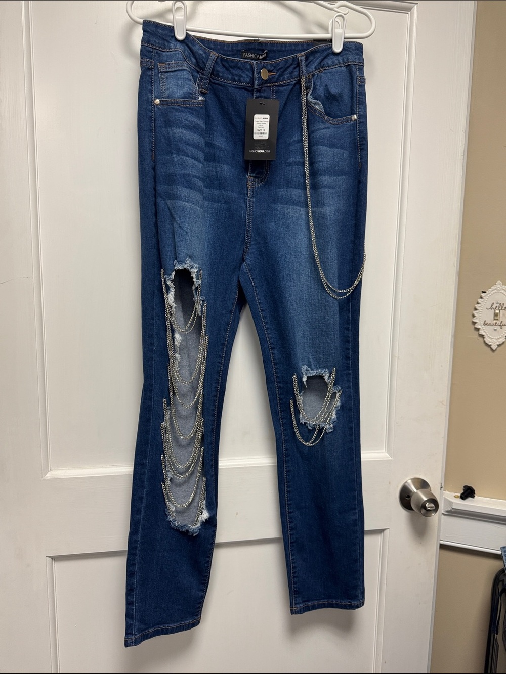 Fashion Nova Dark Blue Distressed Skinny Jeans with Chain Drapes